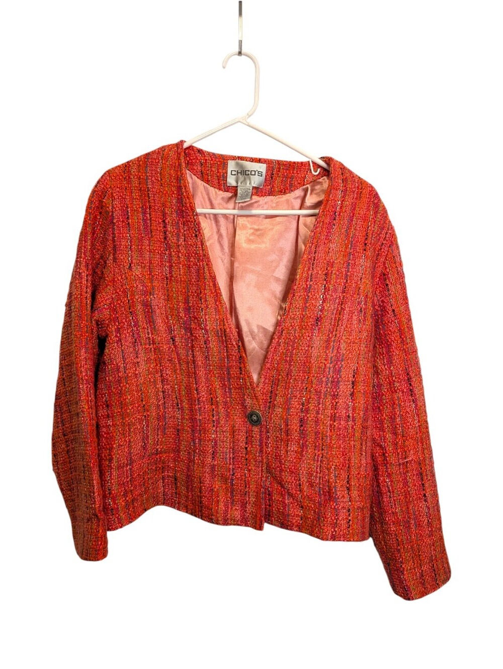 Chico's Size 2 Textured Tweed Blazer Jacket Coral Pink Lined Women's M
